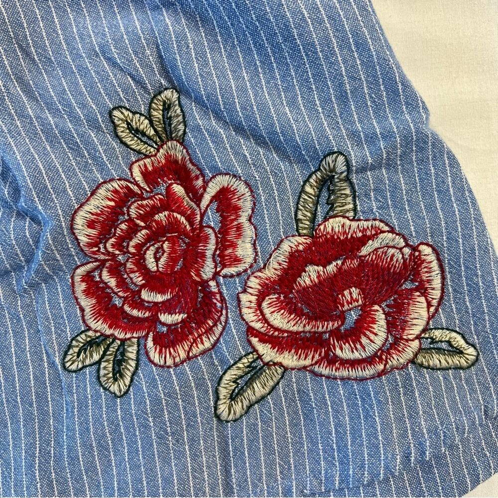 Boho Festival Off Shoulder Rose Embroidered Blue Stripe Crop Top Medium Shirt - Picture 2 of 8